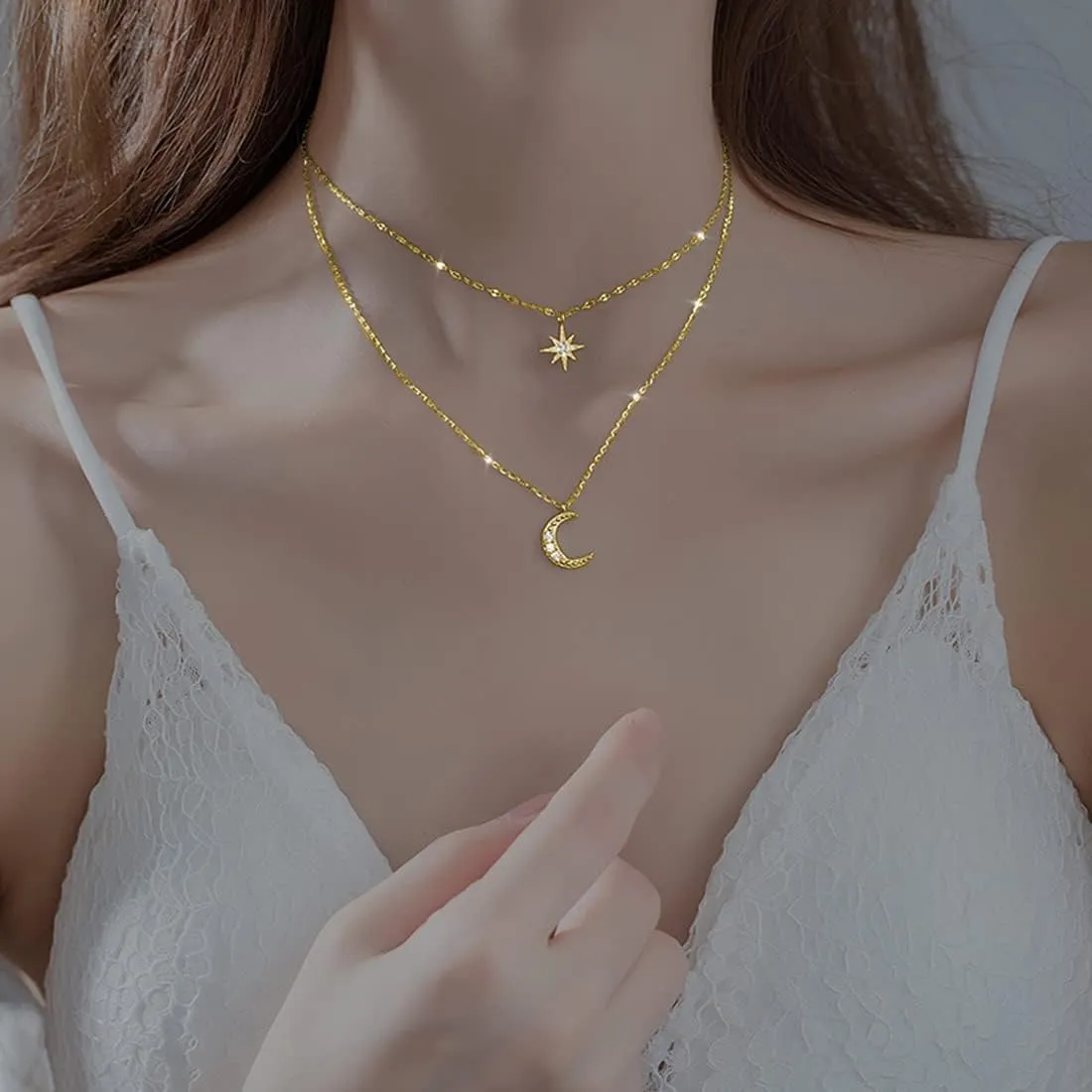 SLUYNZ 925 Sterling Silver Layered Necklace Chain Star Moon Choker Necklace for Women Layering Chain Choker