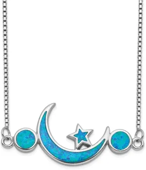 Solid 925 Sterling Silver Imitation Opal Moon and Star Pendant Necklace Charm Chain - with Secure Lobster Lock Clasp 19" (Width = 1mm)