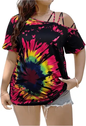 SOLY HUX Women's Plus Size Summer Tops Graphic Print Cold Shoulder Short Sleeve Cut Out Tee T Shirts
