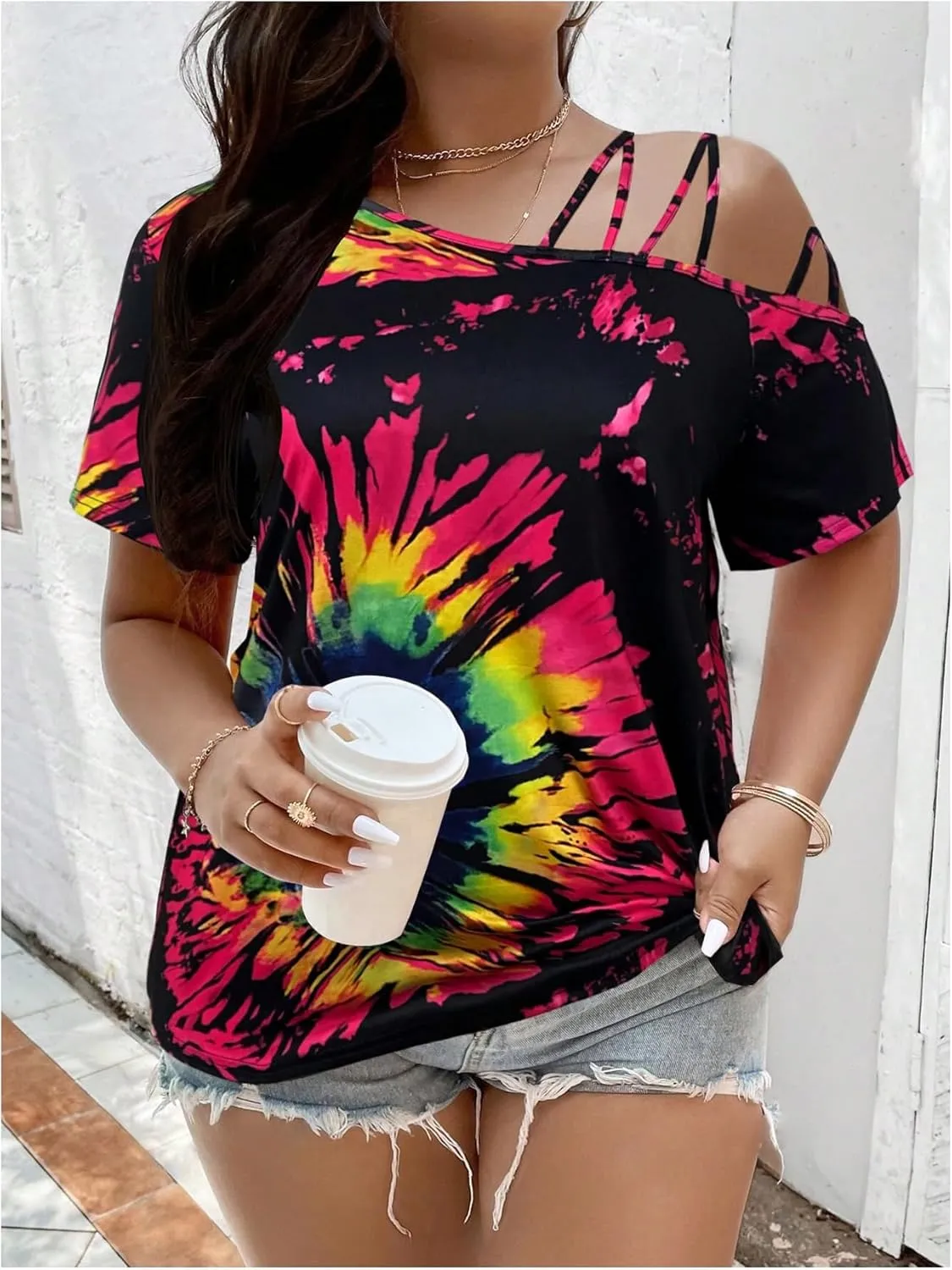 SOLY HUX Women's Plus Size Summer Tops Graphic Print Cold Shoulder Short Sleeve Cut Out Tee T Shirts