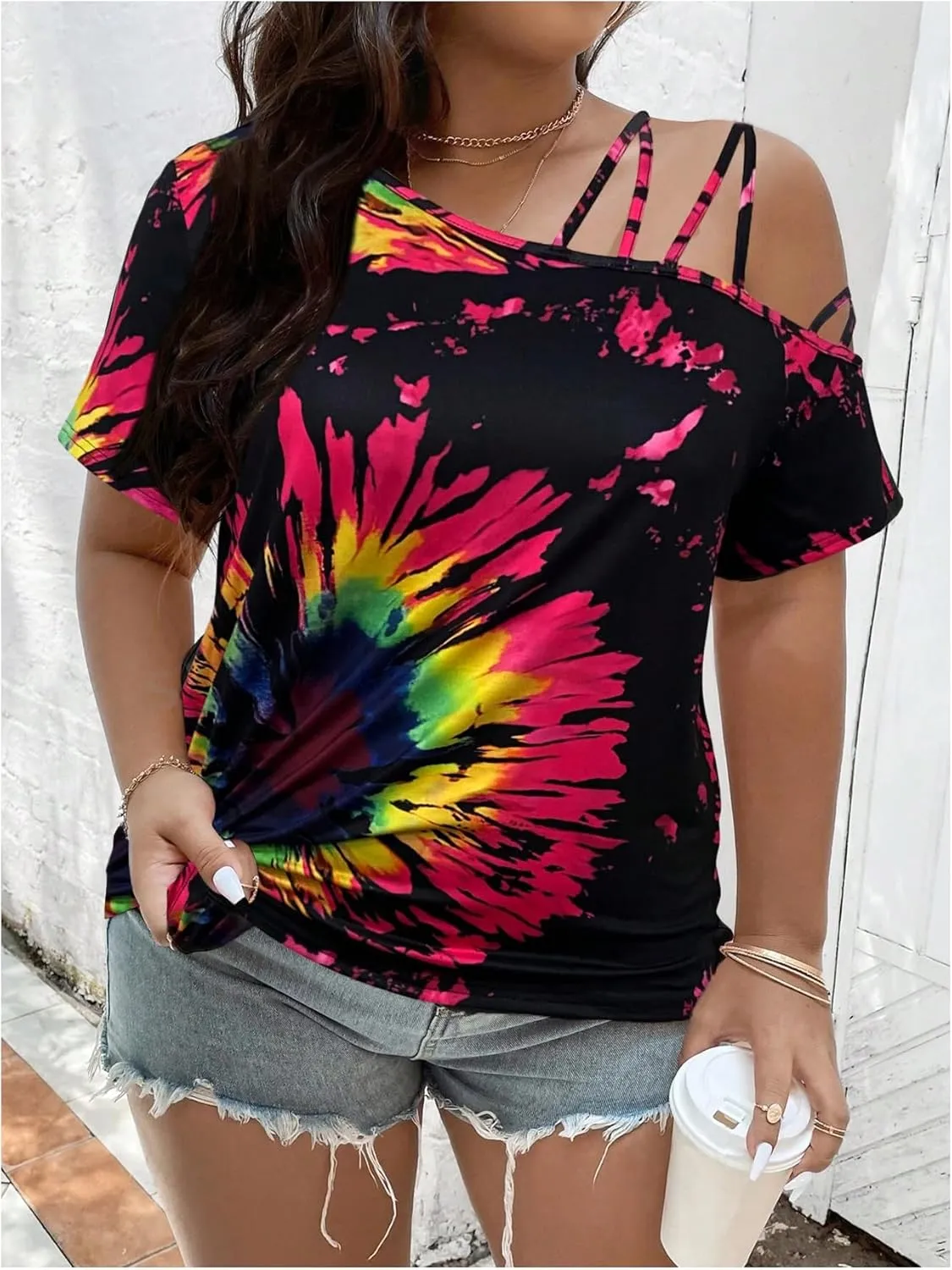 SOLY HUX Women's Plus Size Summer Tops Graphic Print Cold Shoulder Short Sleeve Cut Out Tee T Shirts
