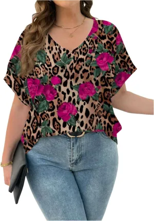 SOLY HUX Women's Plus Size T Shirts Leopard Floral Print Tee V Neck Short Sleeve Casual Summer Tops