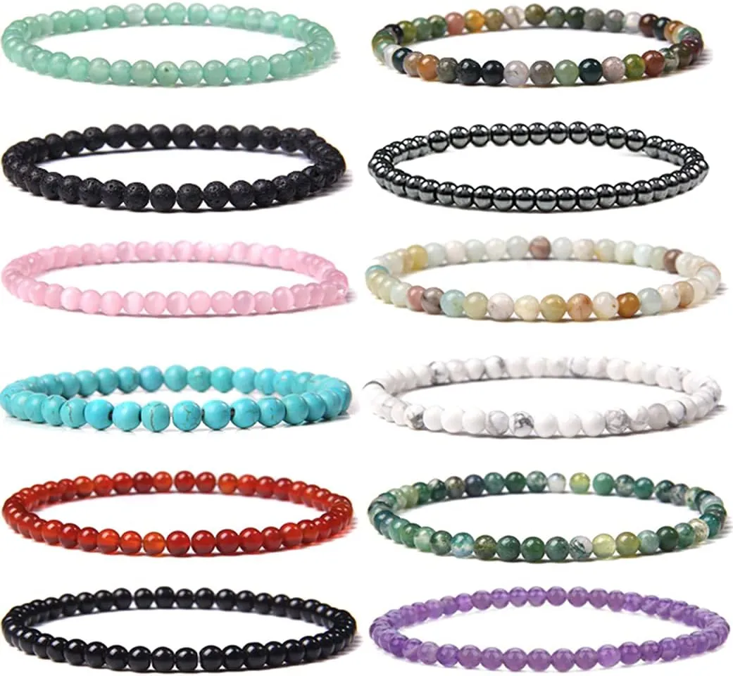 SONNYX 12 Pieces 4mm Mini Gemstone Energy Bracelets Natural Gemstone Handmade Crystal Beaded Power Stretch Bracelet Unisex Couple Bracelets