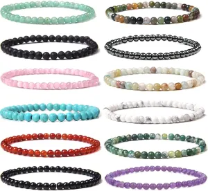 SONNYX 12 Pieces 4mm Mini Gemstone Energy Bracelets Natural Gemstone Handmade Crystal Beaded Power Stretch Bracelet Unisex Couple Bracelets