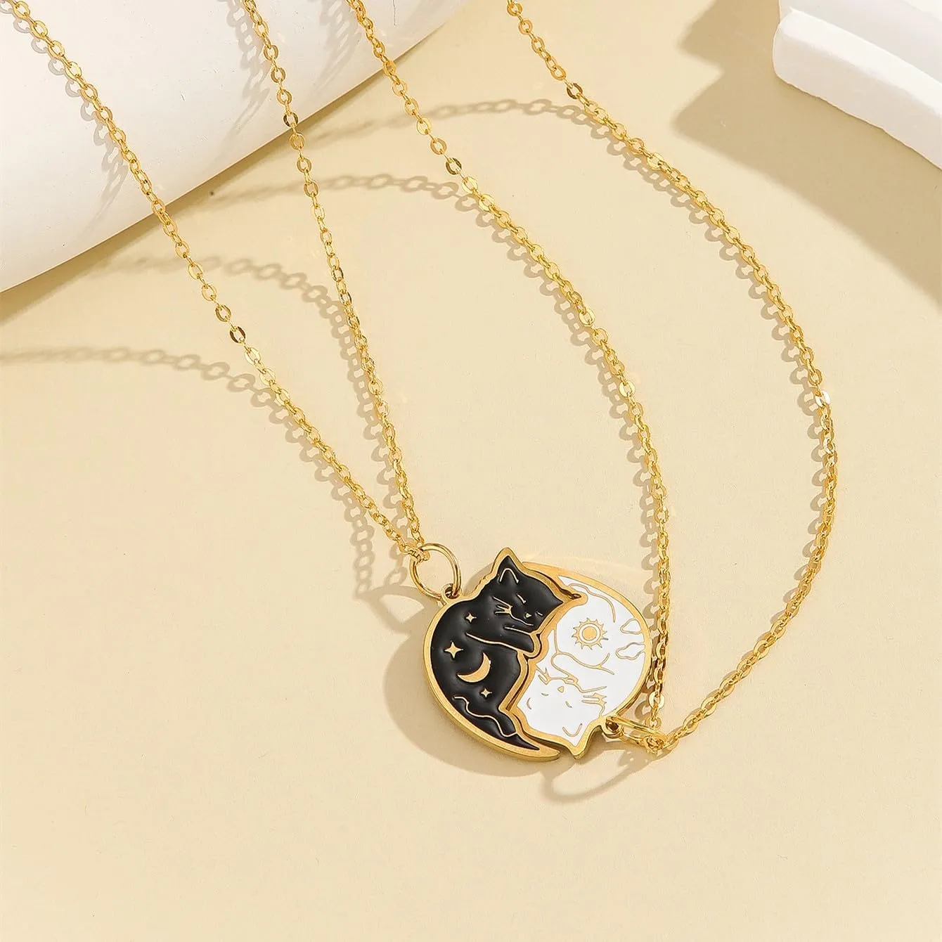 Stainless Steel Best Friends Matching Necklace for 2, Black White Cat Pendant 2PCS Couple BFF Jewelry for Women
