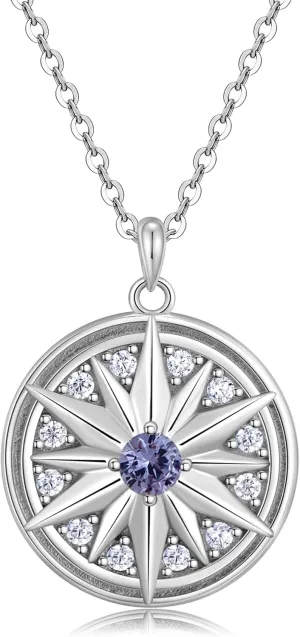 Sterling Silver Necklace for Women, Silver Jewelry Gift, Silver Compass Necklace, Compass Birthstone Necklace for Women Birthday gifts Women, Gifts for Wife Her Girlfriend on Anniversaries