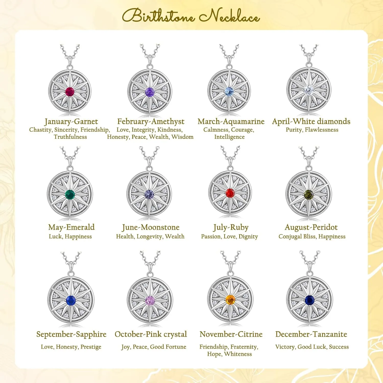 Sterling Silver Necklace for Women, Silver Jewelry Gift, Silver Compass Necklace, Compass Birthstone Necklace for Women Birthday gifts Women, Gifts for Wife Her Girlfriend on Anniversaries
