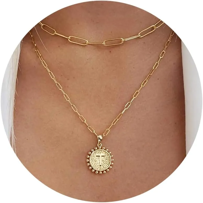 STORUP Gold Layered Initial Necklaces for Women Trendy, Paperclip Link Chain Necklace Personalized Letter A-Z Coin Initial Pendant Necklace Gold Layered Necklaces for Women Trendy Jewelry