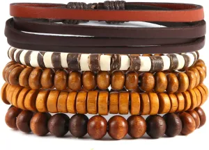 STWTR Mix 4 Wrap Bracelets Men Women, Hemp Cords Wood Beads Ethnic Tribal Bracelets, Leather Wristbands