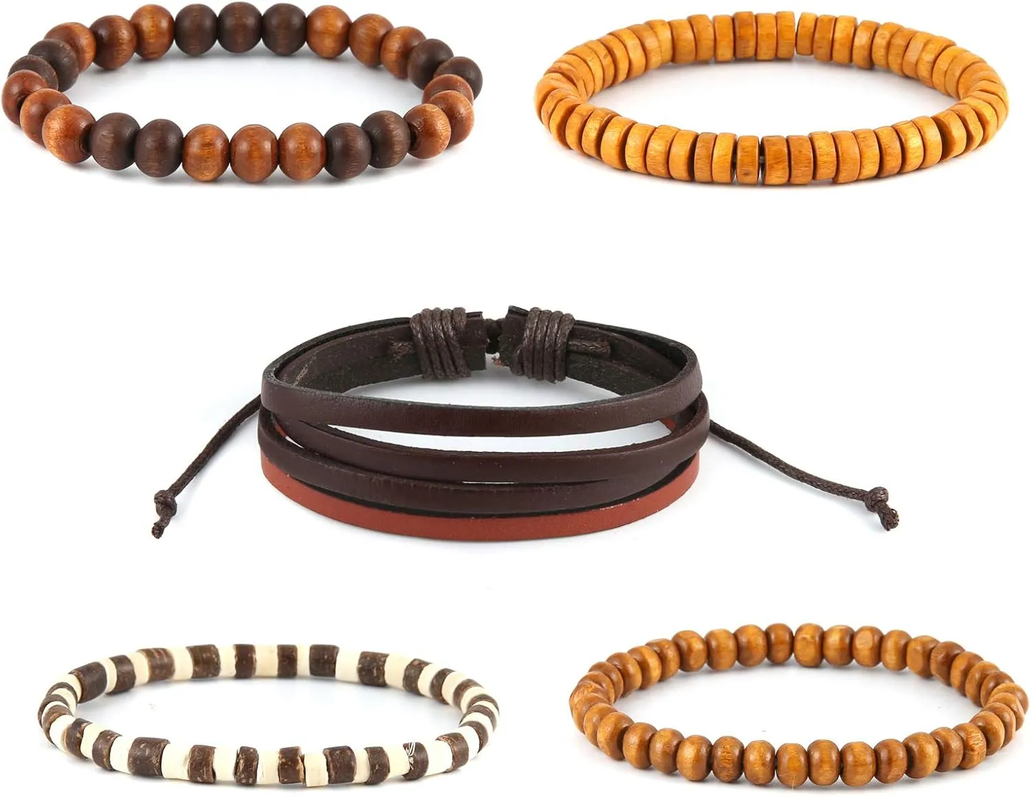 STWTR Mix 4 Wrap Bracelets Men Women, Hemp Cords Wood Beads Ethnic Tribal Bracelets, Leather Wristbands