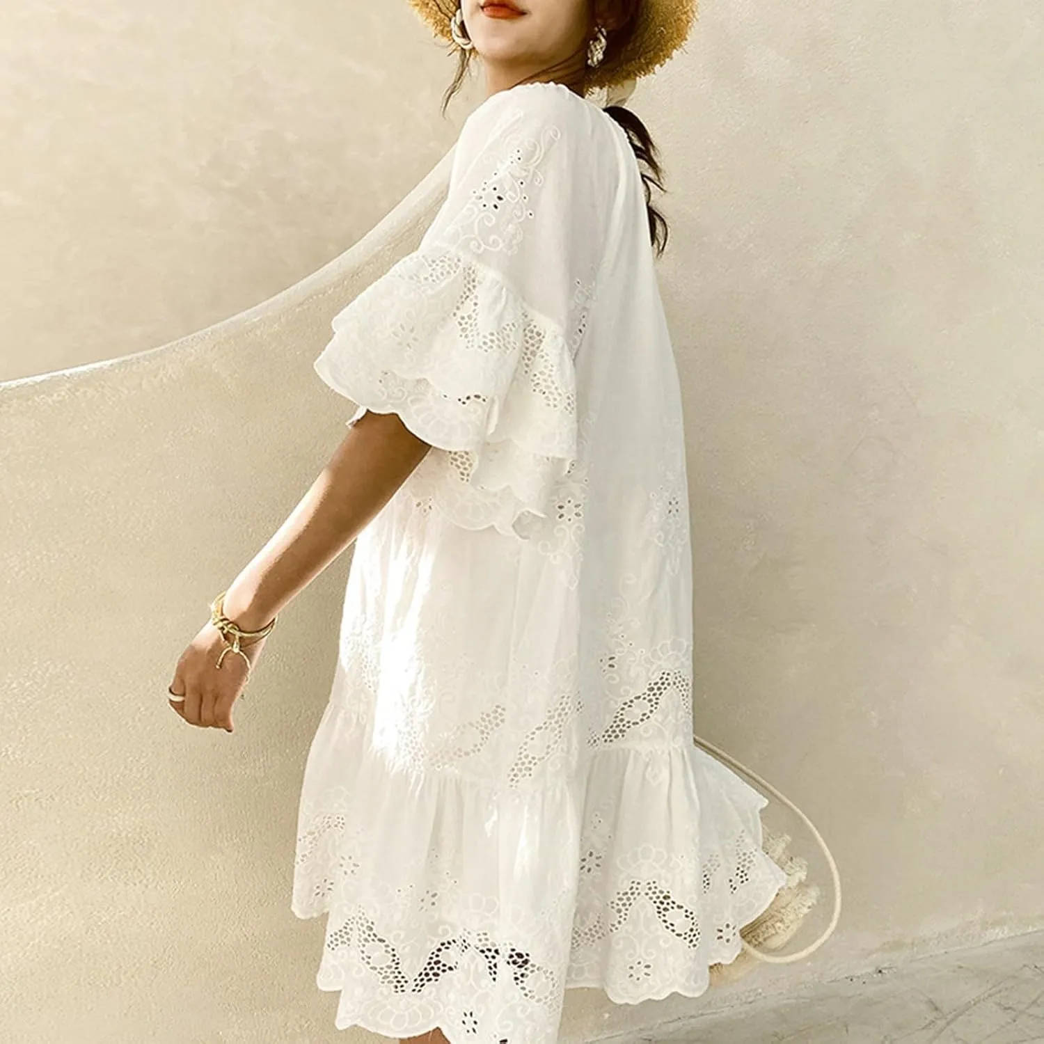 Summer Pure Color Midi Dress: Casual & Office Ready Cotton Blend Elastic Waist White Lace Detail Boho Cute