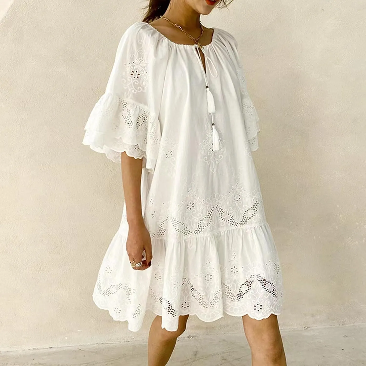 Summer Pure Color Midi Dress: Casual & Office Ready Cotton Blend Elastic Waist White Lace Detail Boho Cute