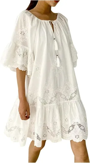Summer Pure Color Midi Dress: Casual & Office Ready Cotton Blend Elastic Waist White Lace Detail Boho Cute