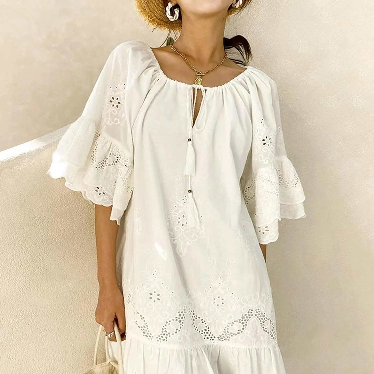 Summer Pure Color Midi Dress: Casual & Office Ready Cotton Blend Elastic Waist White Lace Detail Boho Cute