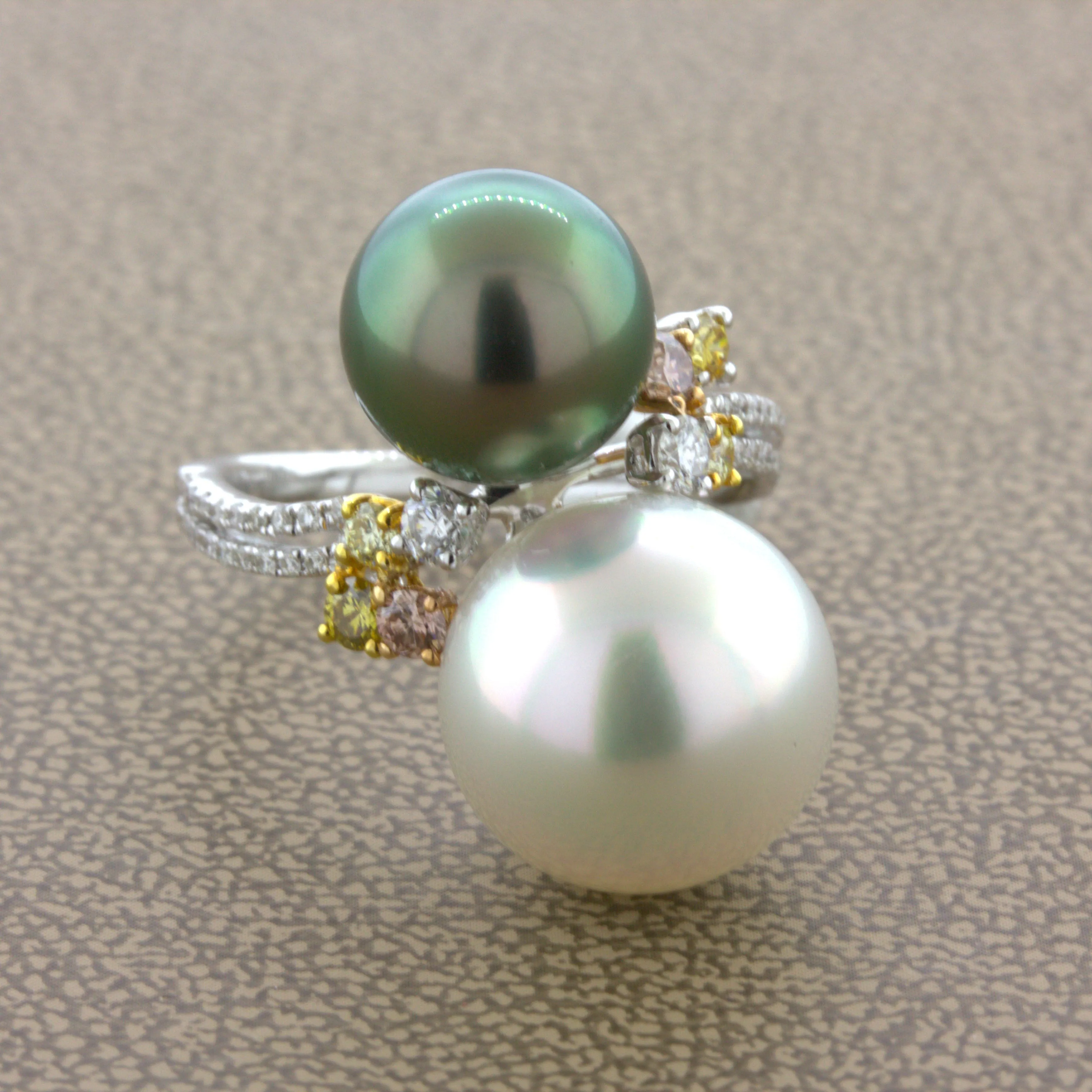 Superb South Sea & Tahitian Pearl Fancy-Color Diamond 18K White Gold Ring