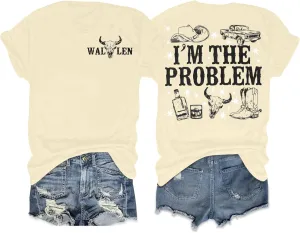 SUPEYA Cowgirl T Shirts Women Im The Problem Shirt Western Retro Cow Skull Graphic Tee Top Country Music Short Sleeve Tops