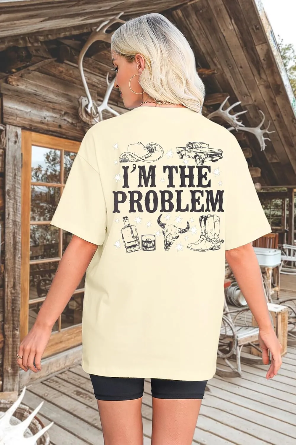 SUPEYA Cowgirl T Shirts Women Im The Problem Shirt Western Retro Cow Skull Graphic Tee Top Country Music Short Sleeve Tops