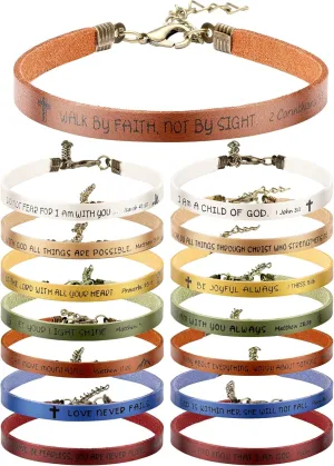 Sureio 15 Pcs Christian Bracelets for Women Men Inspirational Leather Bible Verse God Faith Scripture Friendship Bracelets