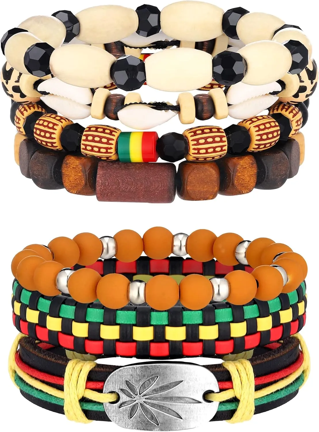 Sureio 7 Pcs African Beaded Bracelet Adjustable Juneteenth Jamaica Jewelry Multi Layer Ethnic Tribal Braided Bracelet Men