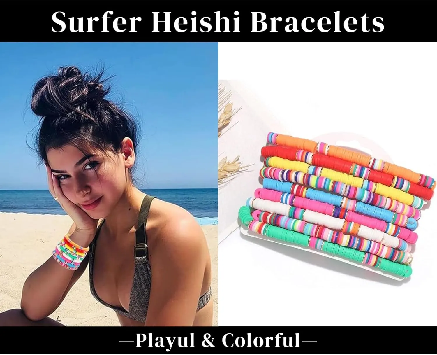 Surfer Heishi Clay Bead Bracelet for Women Stackable Stretch Friendship Bracelet Bohemian Boho Summer Beach Jewelry