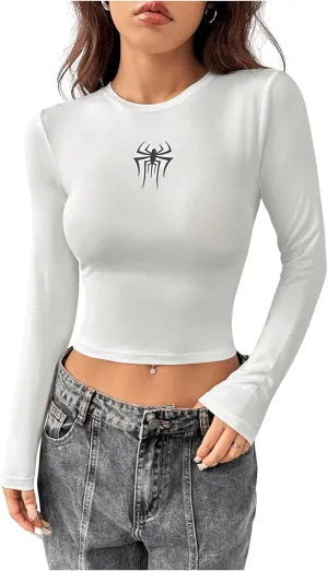 SweatyRocks Women's Long Sleeve Graphic Slim Fit T Shirt Y2k Basic Vintage Streetwear