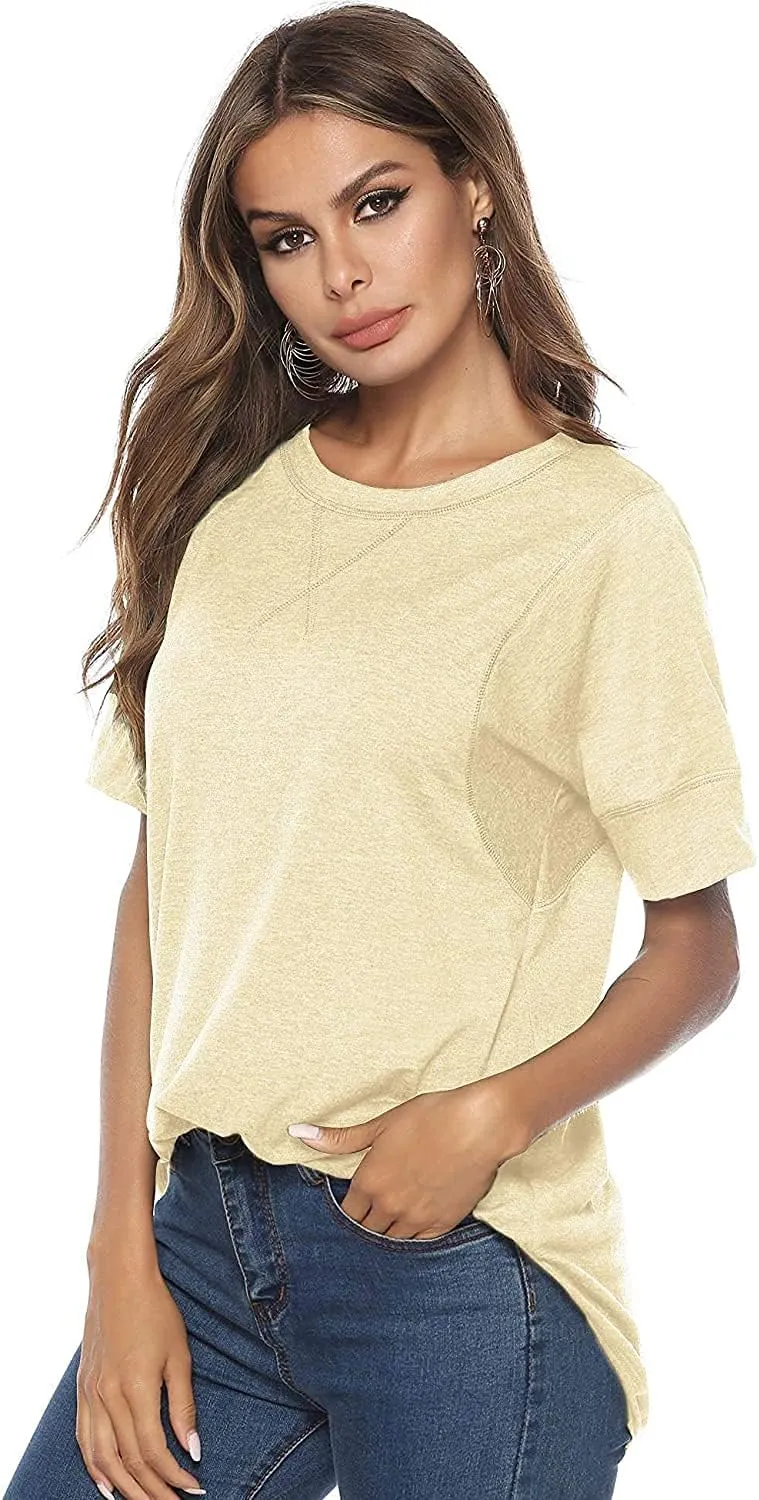 T Shirts for Womens Loose Fit Short Sleeve Casual Tops Cotton Ladies Tshirts Pullover Tees Crew Neck Side Split Tops