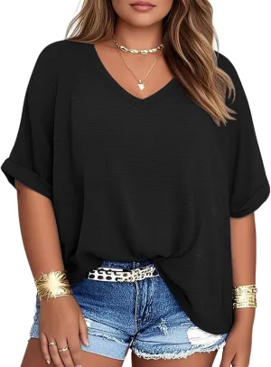 TAKEYAL Plus Size Tops for Women Rolled Sleeve V Neck Side Split T Shirts Stylish Tees Summer Casual Shirts XL-5XL