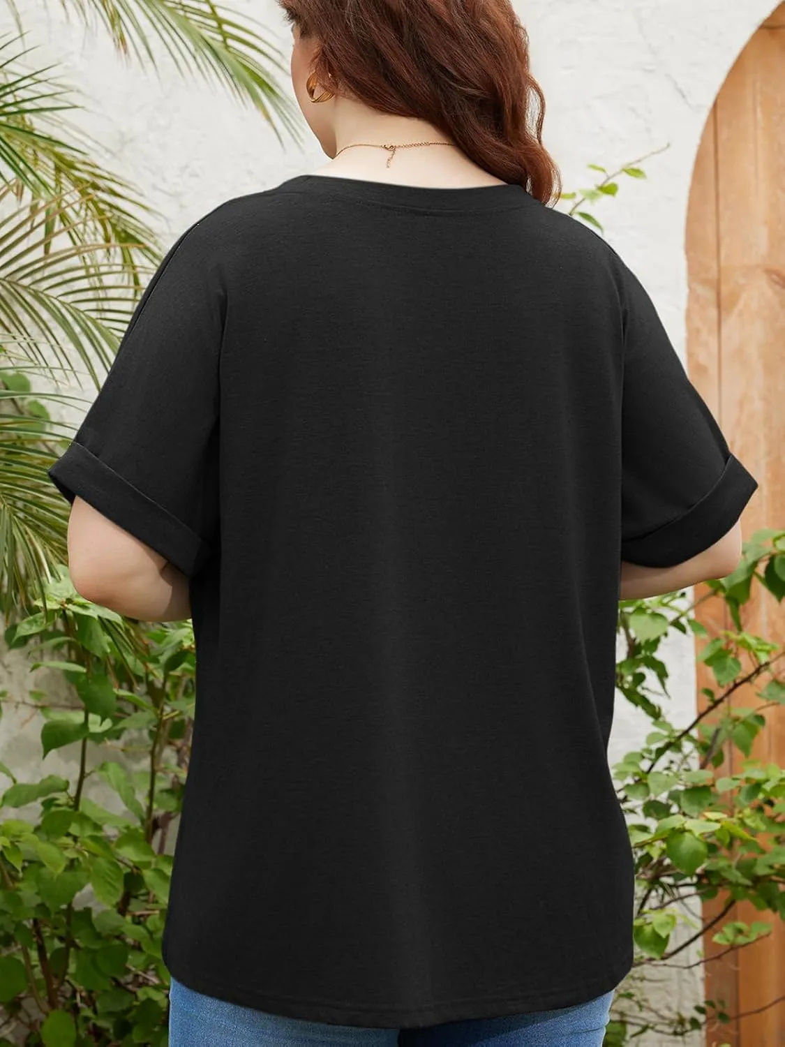 TAKEYAL Plus Size Tops for Women Rolled Sleeve V Neck Side Split T Shirts Stylish Tees Summer Casual Shirts XL-5XL