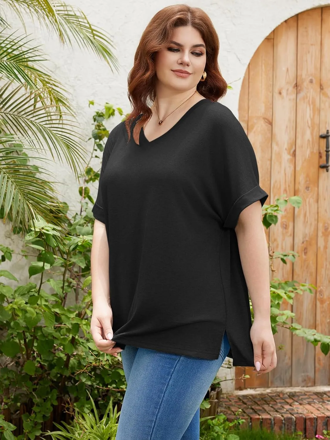 TAKEYAL Plus Size Tops for Women Rolled Sleeve V Neck Side Split T Shirts Stylish Tees Summer Casual Shirts XL-5XL