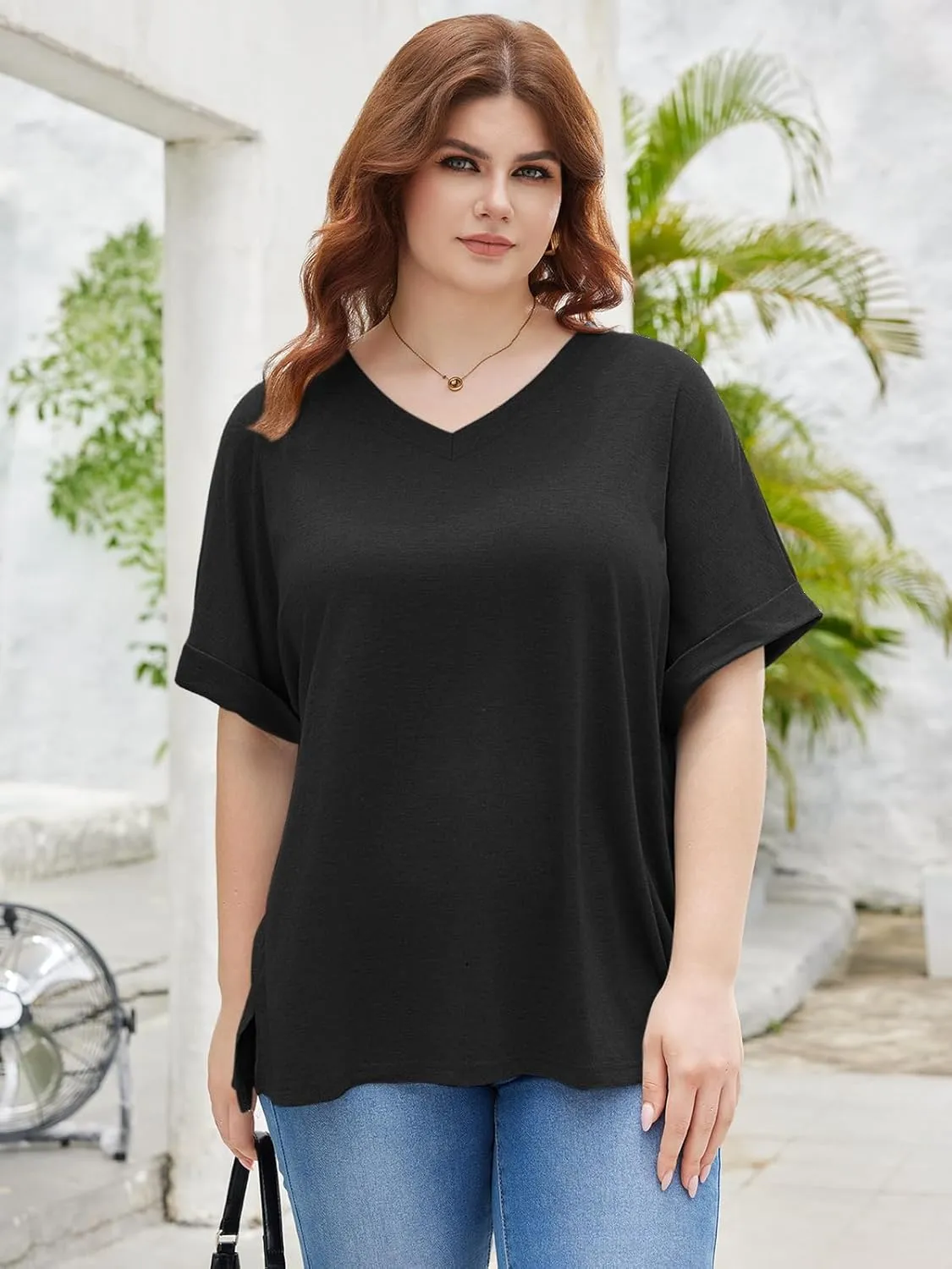 TAKEYAL Plus Size Tops for Women Rolled Sleeve V Neck Side Split T Shirts Stylish Tees Summer Casual Shirts XL-5XL