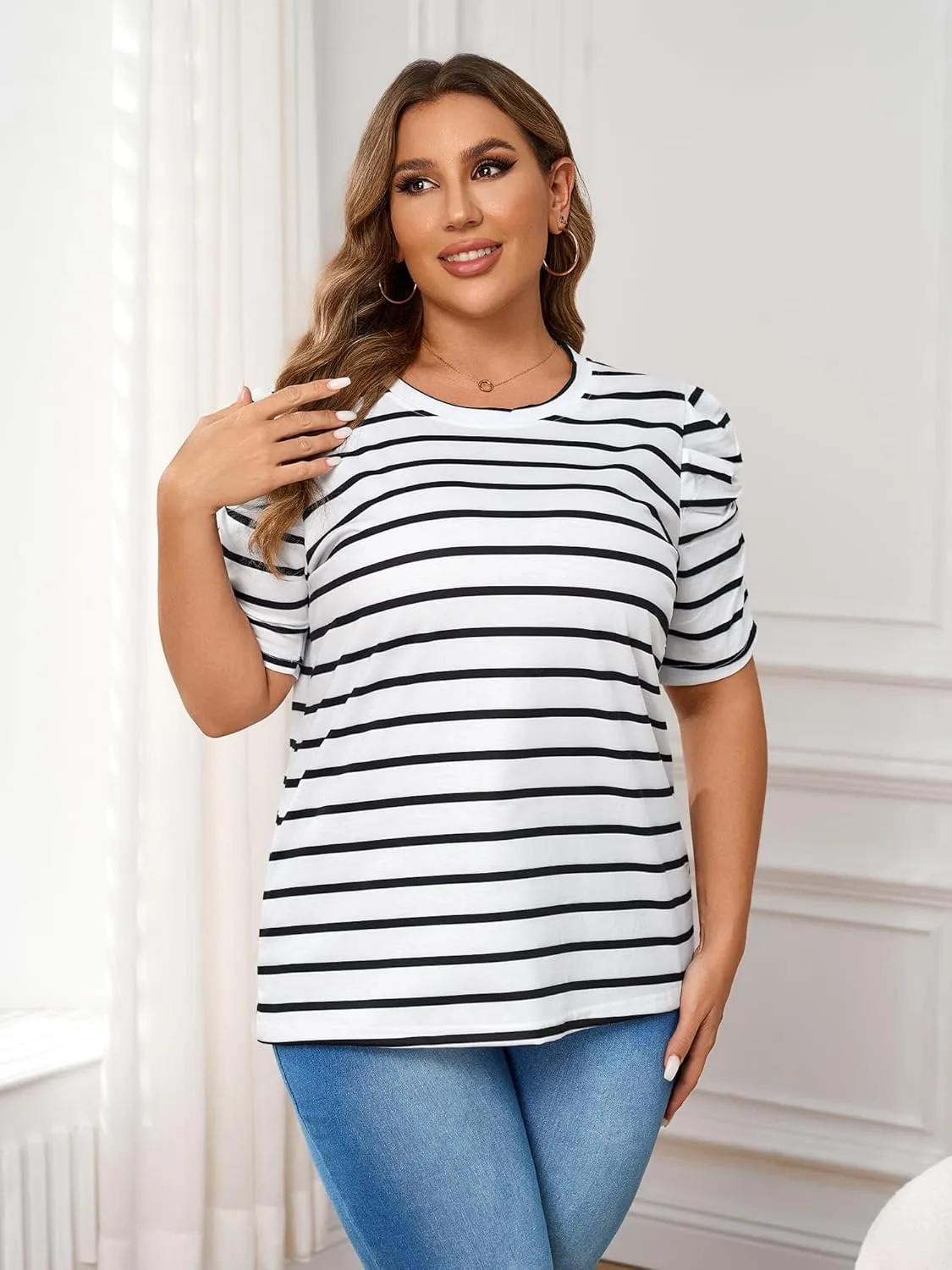 TAKEYAL Women's Plus Size Short Puff Sleeve Tops Trendy Striped Crewneck T Shirts Casual Summer Blouses XL-5XL