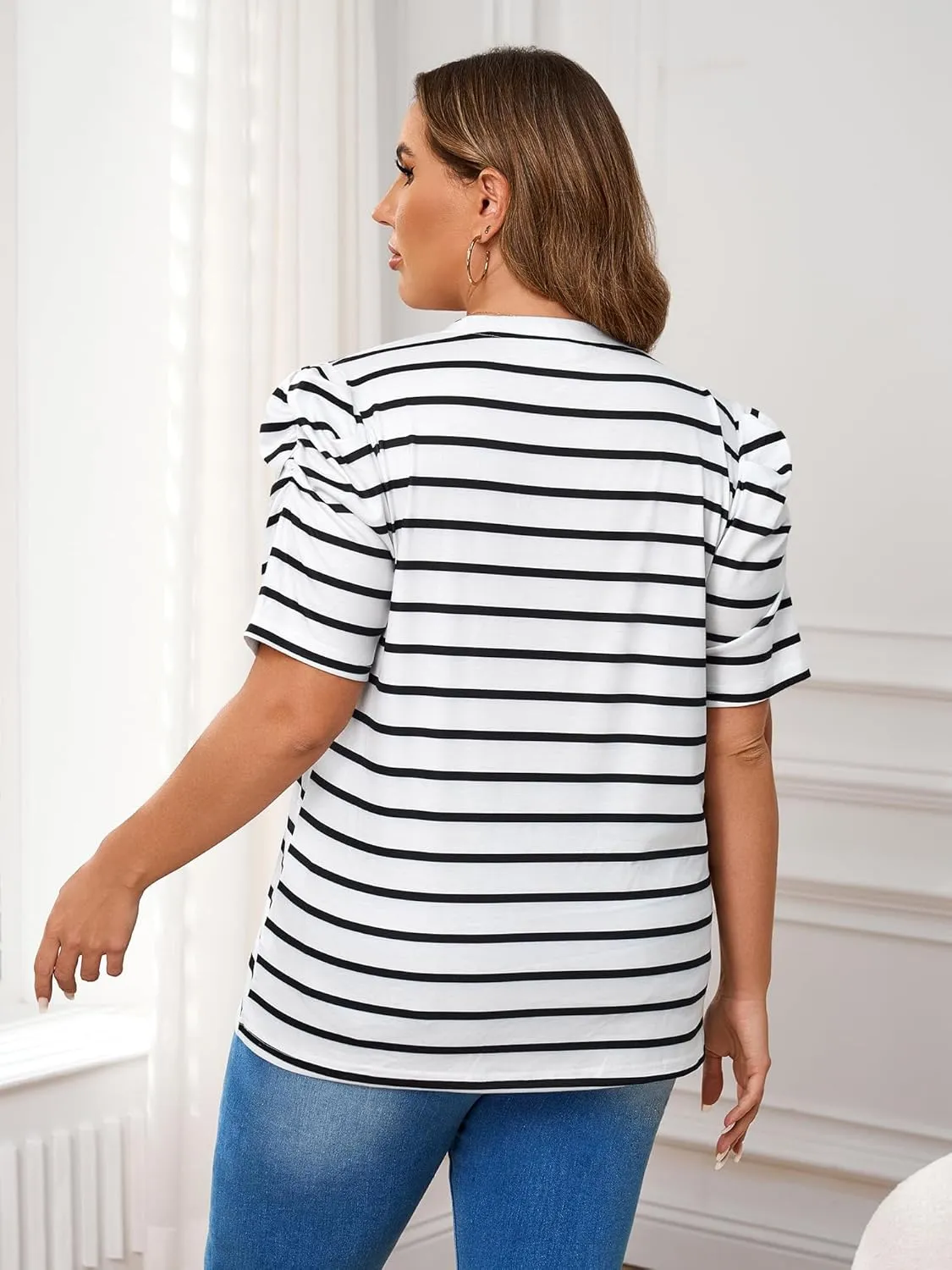 TAKEYAL Women's Plus Size Short Puff Sleeve Tops Trendy Striped Crewneck T Shirts Casual Summer Blouses XL-5XL