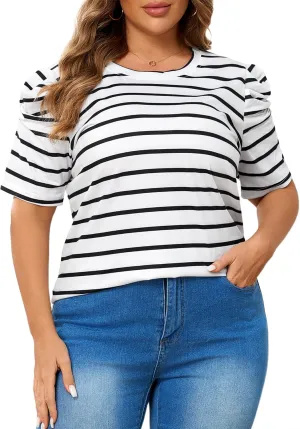 TAKEYAL Women's Plus Size Short Puff Sleeve Tops Trendy Striped Crewneck T Shirts Casual Summer Blouses XL-5XL