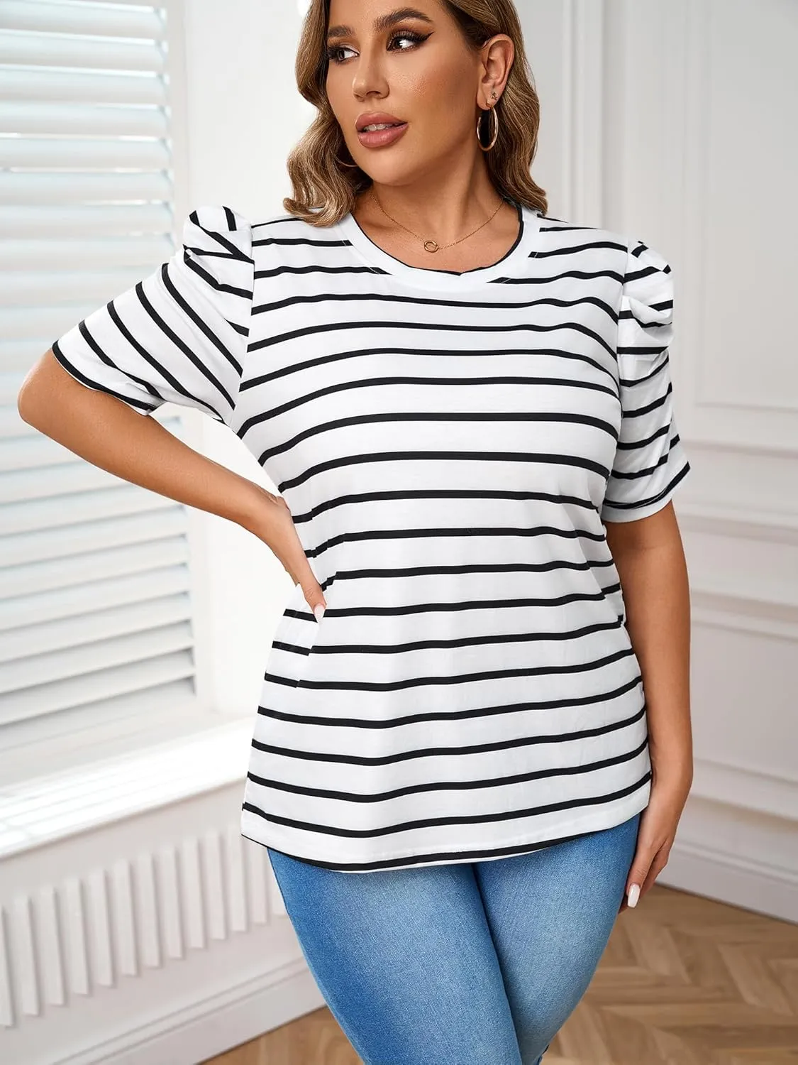TAKEYAL Women's Plus Size Short Puff Sleeve Tops Trendy Striped Crewneck T Shirts Casual Summer Blouses XL-5XL