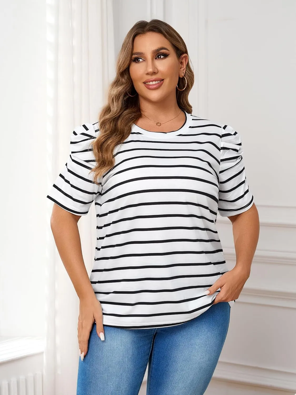 TAKEYAL Women's Plus Size Short Puff Sleeve Tops Trendy Striped Crewneck T Shirts Casual Summer Blouses XL-5XL