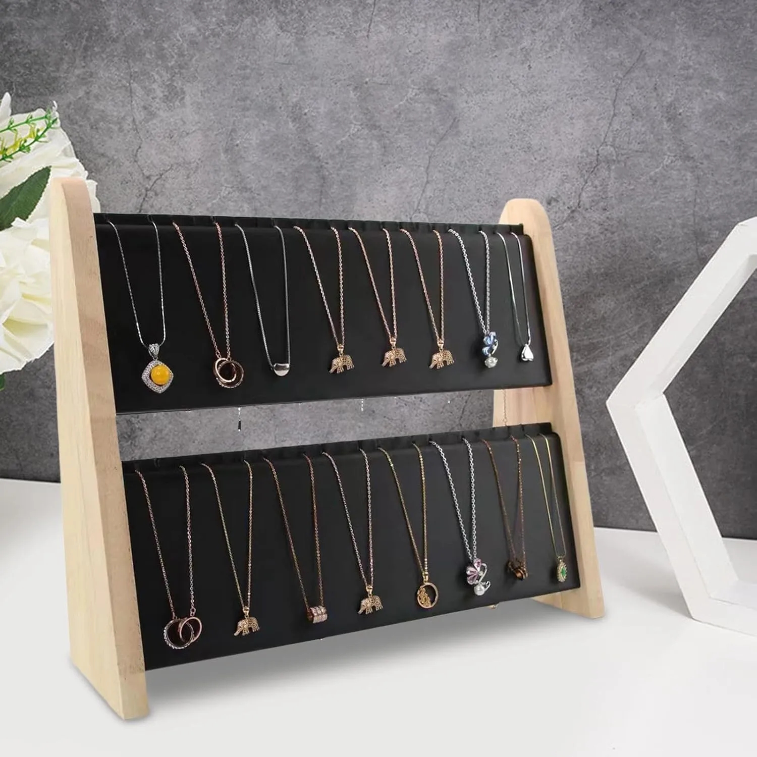 TANG SONG 1 PCS 34 Grids Double-Deck Wood Leather Soft Mat Multiple Necklace Display Stand Necklace Chains Organizer Holder for Home (Black)
