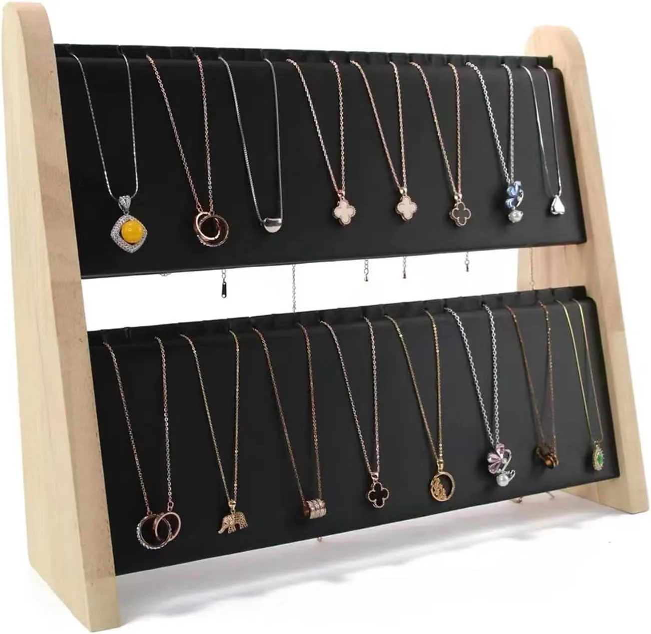 TANG SONG 1 PCS 34 Grids Double-Deck Wood Leather Soft Mat Multiple Necklace Display Stand Necklace Chains Organizer Holder for Home (Black)