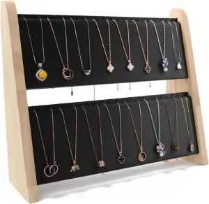 TANG SONG 1 PCS 34 Grids Double-Deck Wood Leather Soft Mat Multiple Necklace Display Stand Necklace Chains Organizer Holder for Home (Black)