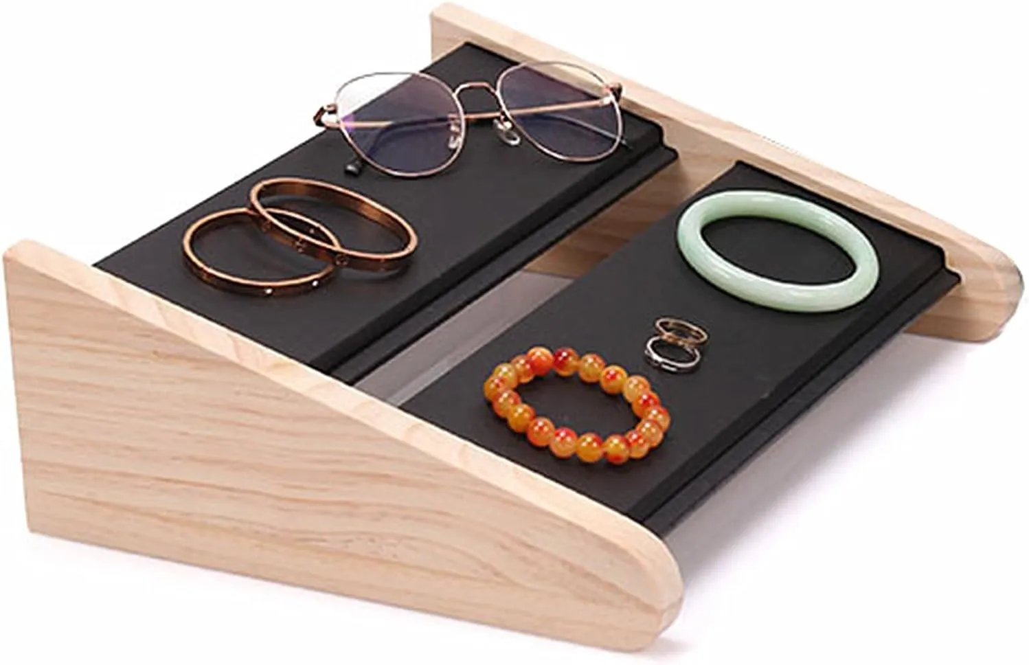 TANG SONG 1 PCS 34 Grids Double-Deck Wood Leather Soft Mat Multiple Necklace Display Stand Necklace Chains Organizer Holder for Home (Black)