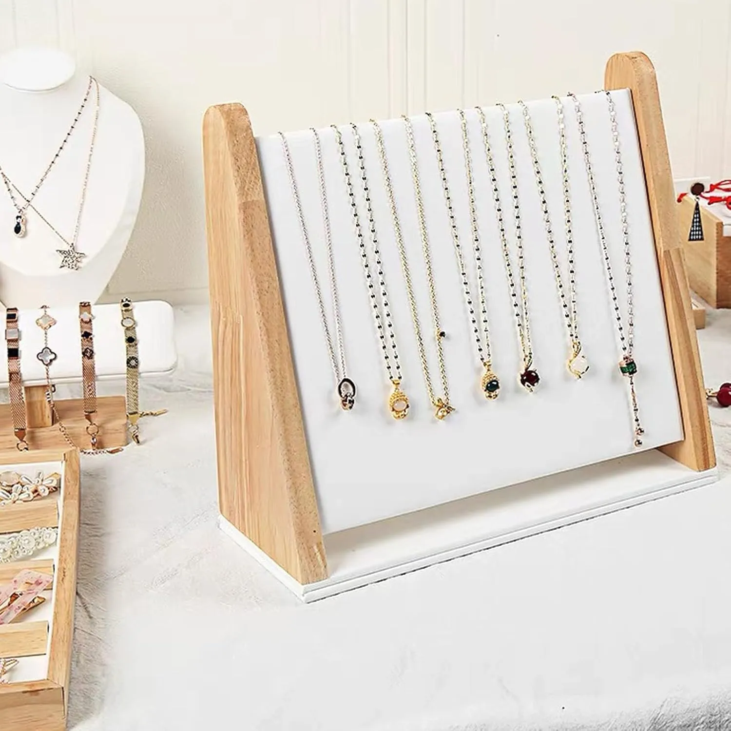 TANG SONG Single-layer Wood Leather Soft Mat Multiple Necklace Display Stand Necklace Chains Organizer Holder for Home (White)