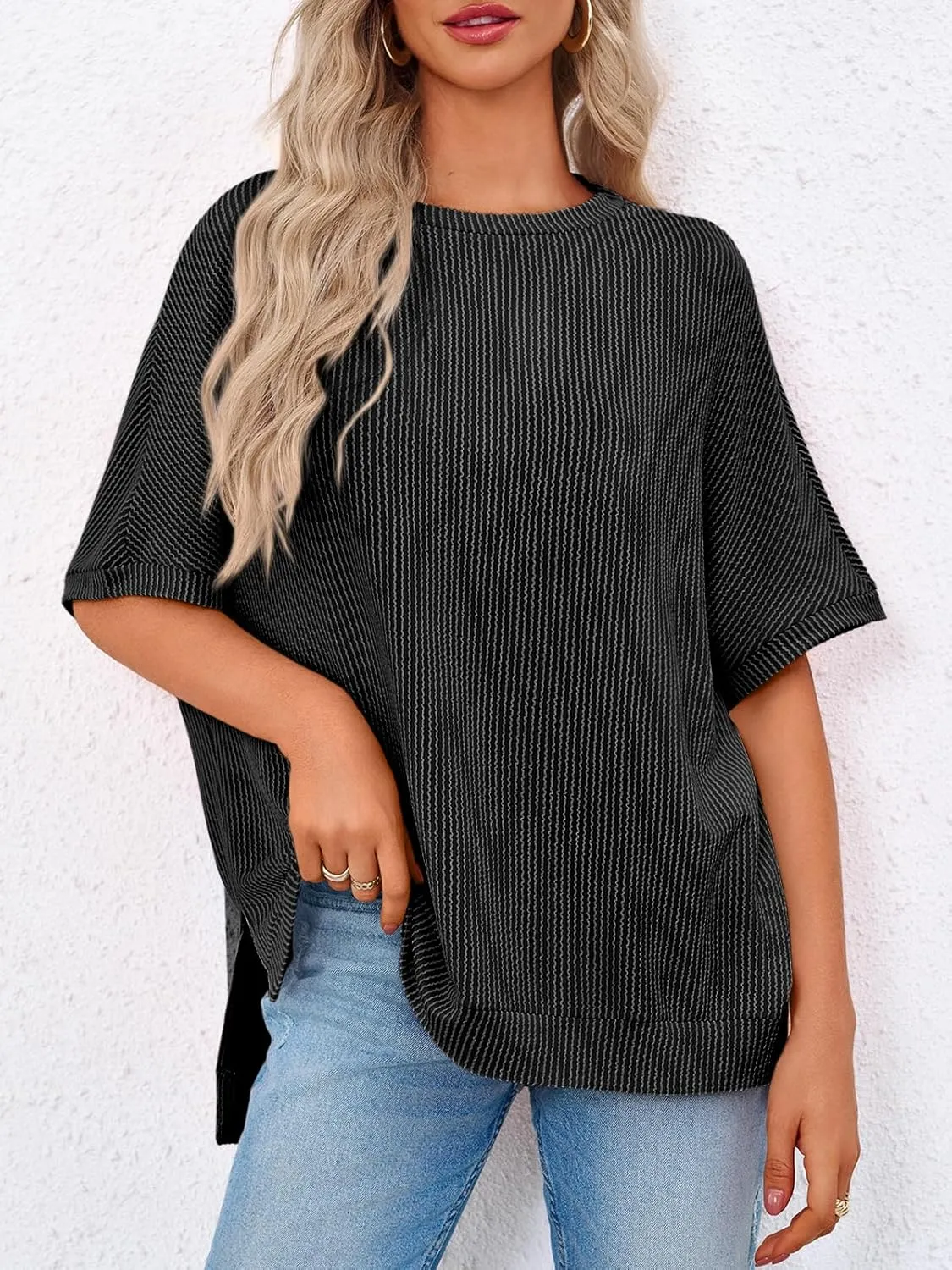 Tankaneo Womens Oversized T Shirts Summer Casual Ribbed Batwing Short Sleeve Tunic Tops Loose Fit Dolman Sleeve Tees