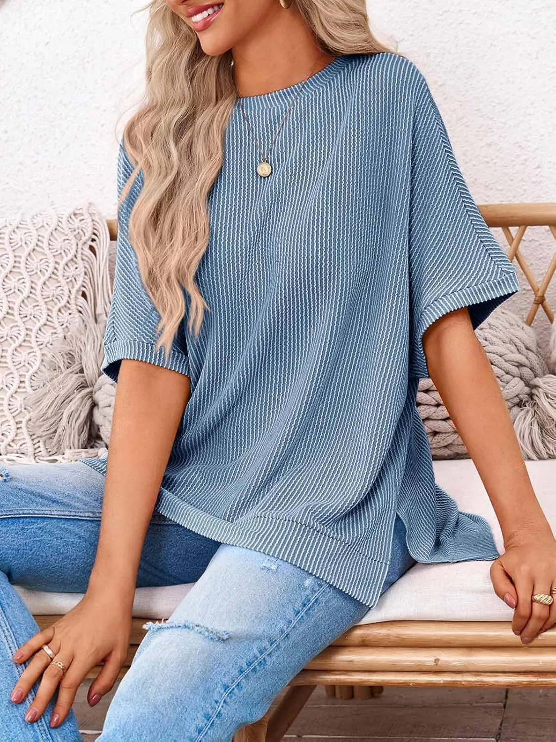 Tankaneo Womens Oversized T Shirts Summer Casual Ribbed Batwing Short Sleeve Tunic Tops Loose Fit Dolman Sleeve Tees
