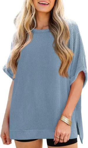Tankaneo Womens Oversized T Shirts Summer Casual Ribbed Batwing Short Sleeve Tunic Tops Loose Fit Dolman Sleeve Tees