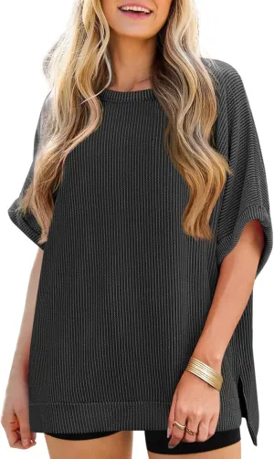 Tankaneo Womens Oversized T Shirts Summer Casual Ribbed Batwing Short Sleeve Tunic Tops Loose Fit Dolman Sleeve Tees