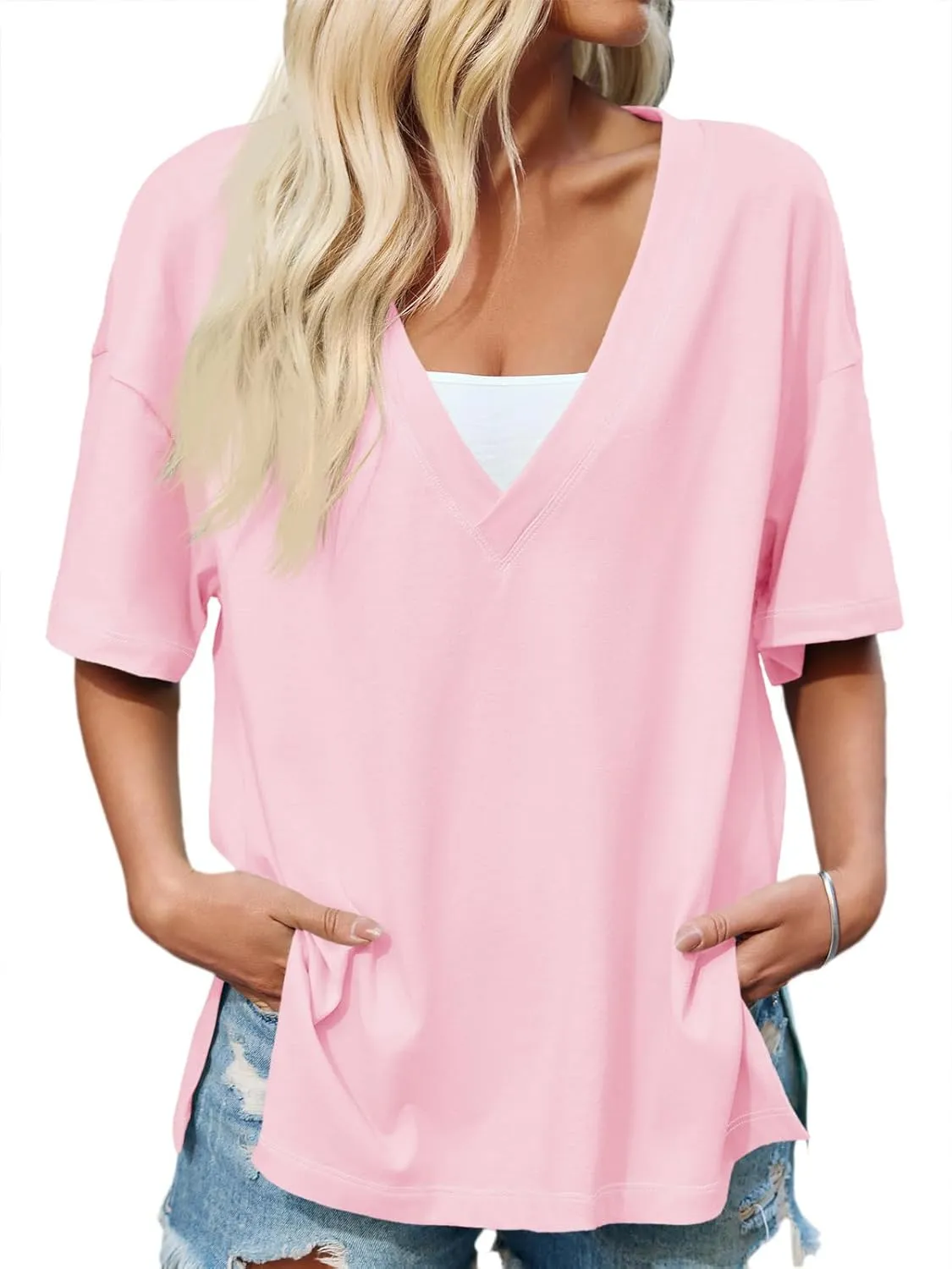 Tankaneo Womens Oversized Tshirts Deep V Neck Short Sleeve Tops Summer Casual Loose Fit Side Slit Tunic Shirts