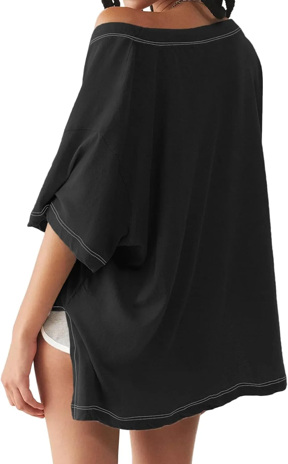 Tankaneo Womens Oversized Tshirts Deep V Neck Short Sleeve Tops Summer Casual Loose Fit Side Slit Tunic Shirts