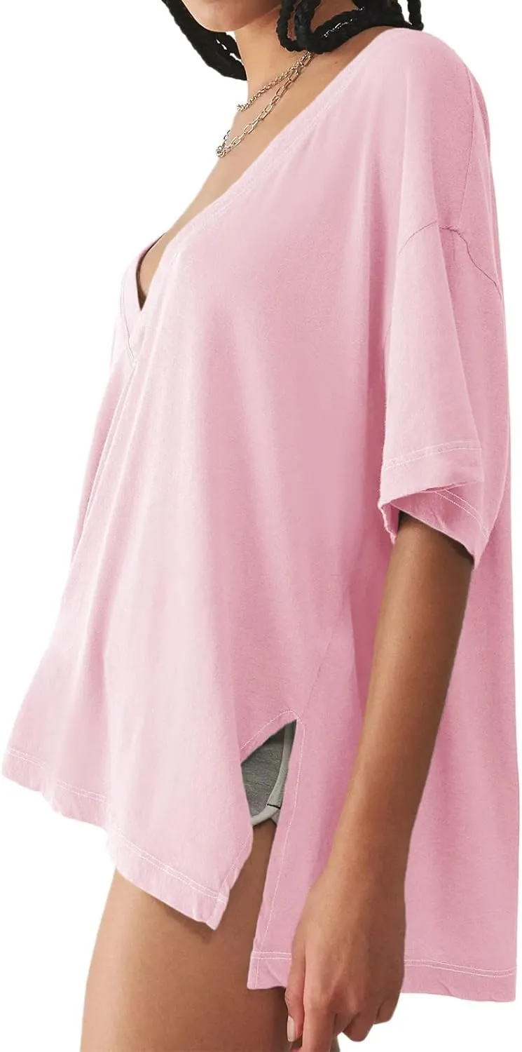 Tankaneo Womens Oversized Tshirts Deep V Neck Short Sleeve Tops Summer Casual Loose Fit Side Slit Tunic Shirts