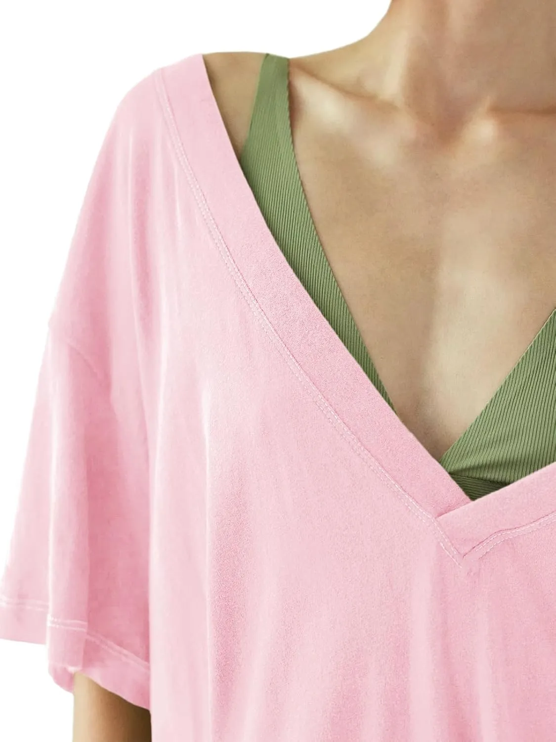 Tankaneo Womens Oversized Tshirts Deep V Neck Short Sleeve Tops Summer Casual Loose Fit Side Slit Tunic Shirts