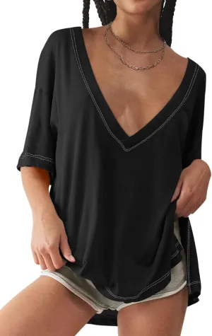 Tankaneo Womens Oversized Tshirts Deep V Neck Short Sleeve Tops Summer Casual Loose Fit Side Slit Tunic Shirts