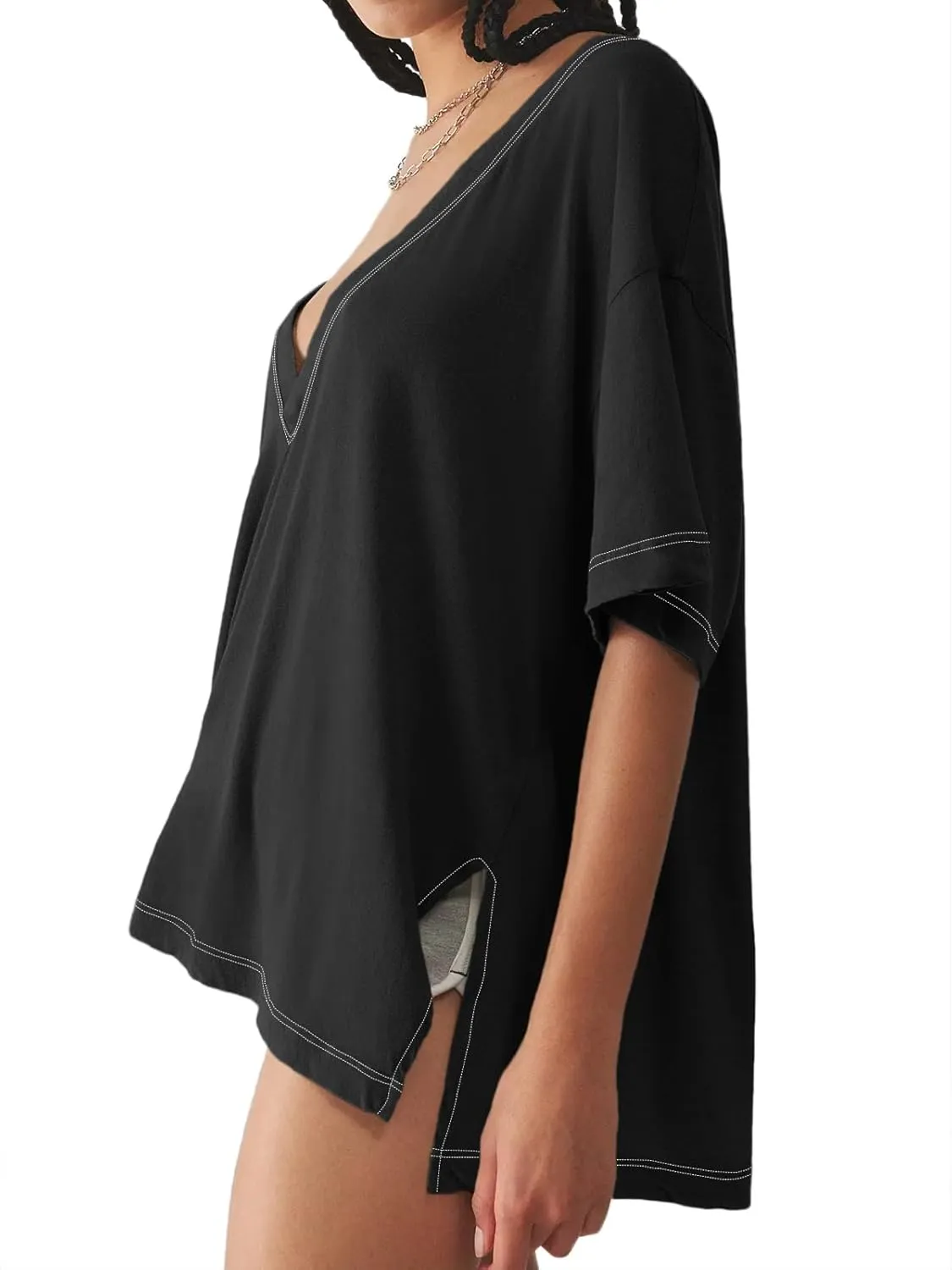 Tankaneo Womens Oversized Tshirts Deep V Neck Short Sleeve Tops Summer Casual Loose Fit Side Slit Tunic Shirts